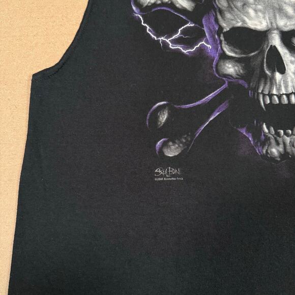 Vintage 2005 Skull Bone Biker Muscle Tee Lightning Skull Tank Top Black L Y2K - Picture 4 of 7